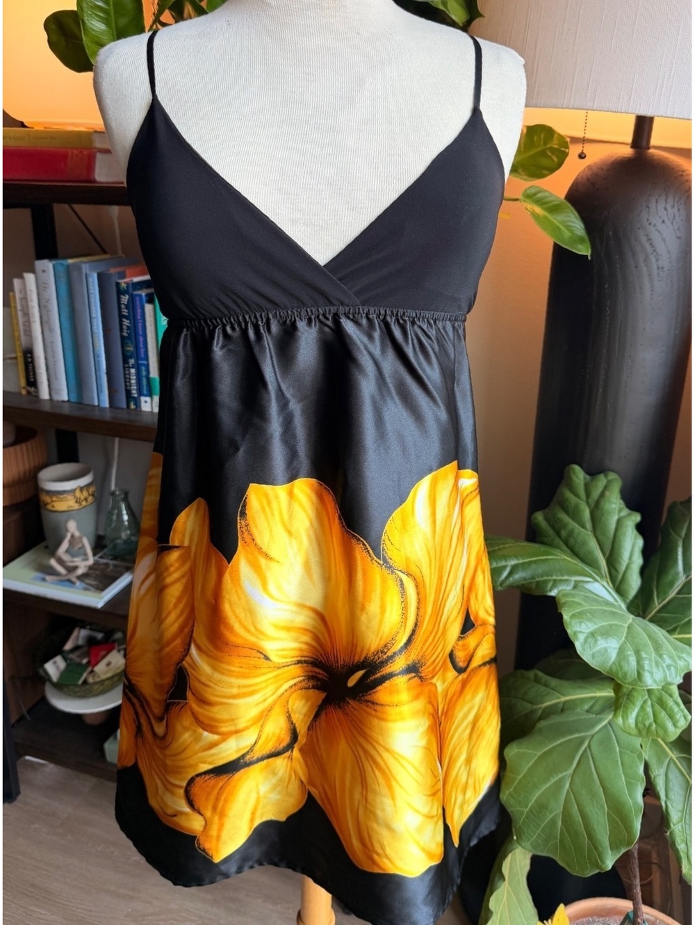 Y2K Wet Seal Black and Yellow Floral Satin Slip Dress Size M